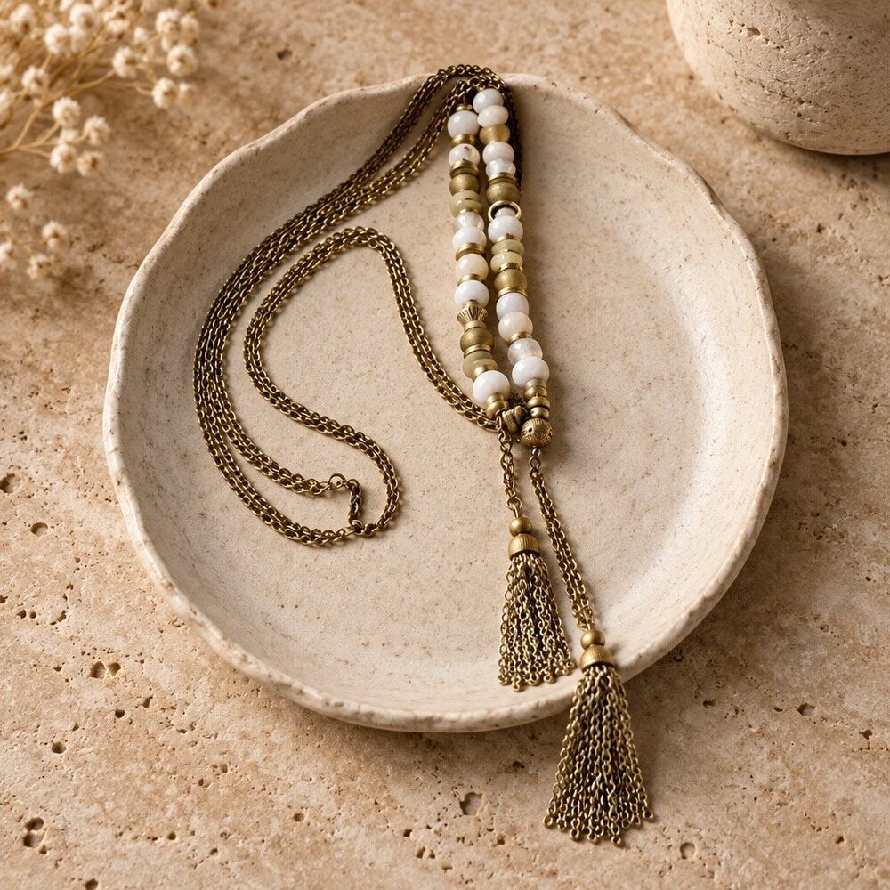 Stella & Dot Anda Intention Necklace,  Boho Cream Bead Long Gold Tassel Lariat